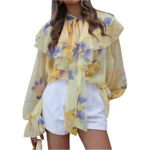 image:imageMakeMeChic Womens Floral Ruffle Blouse Tops Tie Neck Bell Sleeve Layered TopYellow