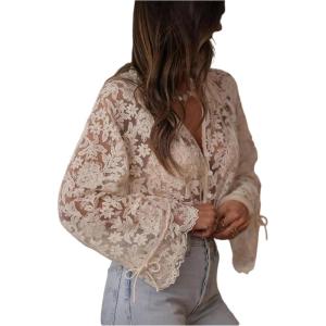 image:imageMakeMeChic Womens Floral Sheer Blouse Ruffle V Neck Button Down Bell Sleeve Dressy TopsApricot