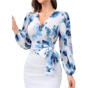 image:imageMakeMeChic Womens Floral Wrap Blouses Tie Side V Neck Lantern Sleeve Shirt Crop TopsBlue