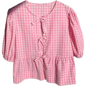 image:imageMakeMeChic Womens Gingham Bow Blouse Puff Sleeve Crew Neck Ruffle Hem Plaid TopsPink