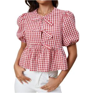 image:imageMakeMeChic Womens Gingham Bow Blouse Puff Sleeve Crew Neck Ruffle Hem Plaid TopsRed and White