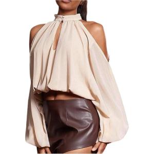 image:imageMakeMeChic Womens Halter Keyhole Lantern Sleeve Blouse Cold Shoulder Business Crop Tops