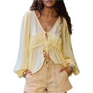 image:imageMakeMeChic Womens Lantern Sleeve Tie Front V Neck Blouse Ruffle Asymmetrical Hem Boho Fairy TopsYellow