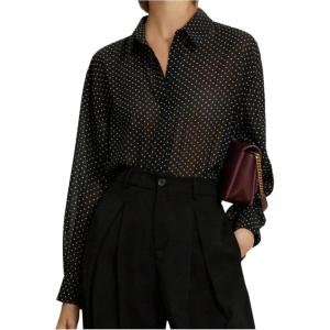 image:imageMakeMeChic Womens Mesh Chiffon Polka Dots Button Down Shirt Long Sleeve Business Shirt TopsMulticolor