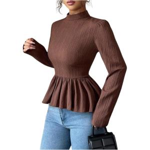image:imageMakeMeChic Womens Mock Neck Blouse Lace Up Back Long Sleeve Ruffle Work Dressy TopsBrown