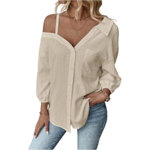 image:imageMakeMeChic Womens Off The Shoulder Tops Long Sleeve Button Down Linen Shirts Casual Blouse TopApricot