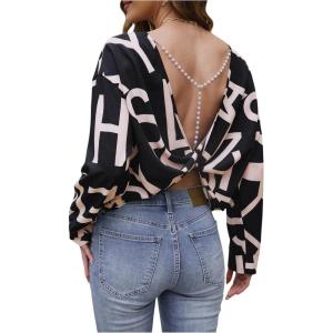 image:imageMakeMeChic Womens Open Back Tops Long Sleeve Shirts Criss Cross Sweaters V Neck Knit PulloverMulticolor
