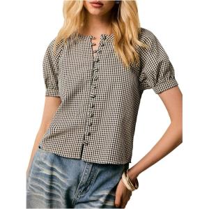 image:imageMakeMeChic Womens Plaid Gingham Button Down Shirt Puff Sleeve Crew Neck Cute Blouse TopBlack and White