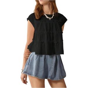 image:imageMakeMeChic Womens Ruffle Babydoll Flowy Tops Summer Cute Top Cap Sleeve Crop BlouseBlack