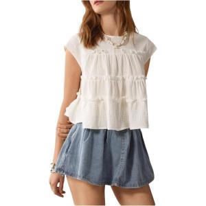 image:imageMakeMeChic Womens Ruffle Babydoll Flowy Tops Summer Cute Top Cap Sleeve Crop BlouseWhite