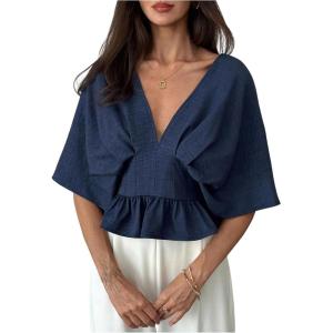 image:imageMakeMeChic Womens Ruffle Peplum Tops Dolman Sleeve V Neck Dressy Blouse Going Out TopsBlue