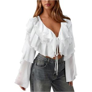 image:imageMakeMeChic Womens Ruffle Tiered Tie V Neck Blouse Bell Sleeve Loose Y2K Crop TopsWhite