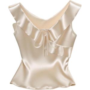 image:imageMakeMeChic Womens Silk Ruffle Blouse Sleeveless Tie V Neck Summer Elegant Tank Tops ShirtApricot