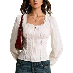 image:imageMakeMeChic Womens Square Neck Blouse Lace Tie Front Lace Up Back Long Sleeve TopsWhite