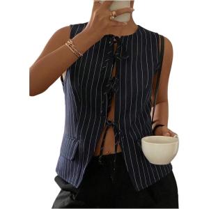 image:imageMakeMeChic Womens Striped Bow Tie Front Blouse Crew Neck Sleeveless Vest TopBlue