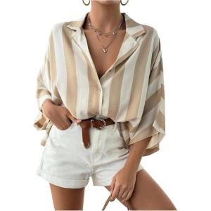 image:imageMakeMeChic Womens Striped Button Down Shirt Dolman Sleeve Collar Oversized Blouse TopsApricot