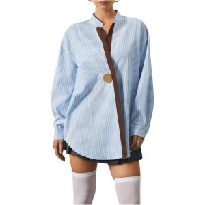 image:imageMakeMeChic Womens Striped V Neck Blouse Metal Button Long Sleeve Work Shirt TopsMulticolor