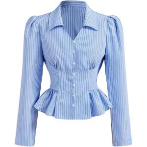 image:imageMakeMeChic Womens Striped V Neck Button Down Shirt Long Sleeve Ruffle Business Blouse TopsBlue