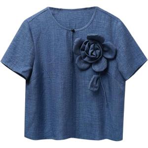 image:imageMakeMeChic Womens Summer Casual Blouse 2025 Trendy Top Short Sleeve 3D Floral Tee Shirt TopsBlue