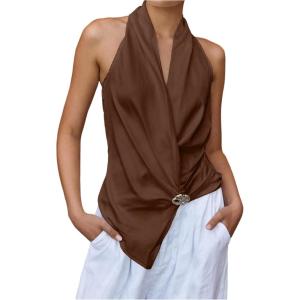 image:imageMakeMeChic Womens Summer Draped Halter Tops Blouse Sleeveless Elegant Business Tank TopsCoffee Brown