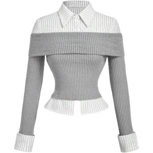 image:imageMakeMeChic Womens Teacher Outfits Striped Long Sleeve 2 in 1 Retro Blouse Collared ShirtGrey