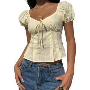 image:imageMakeMeChic Womens Textured Puff Sleeve Square Neck Tie Front Shirts Babydoll Blouse TopYellow