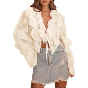 image:imageMakeMeChic Womens Tie V Neck Blouse Ruffle Trim Bell Sleeve Elegant Going Out Crop Tops Spring ClothesApricot