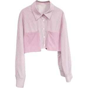 image:imageMakeMeChic Womens Vertical Striped Button Down Shirt Long Sleeve Summer Office Blouse Crop TopsPink