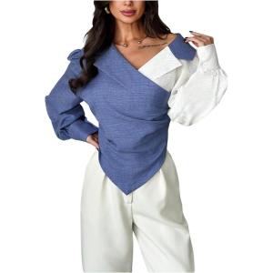 image:imageMakeMeChic Womens Work Fall Blouse Color Block Lantern Sleeve V Neck Tops Ruched Wrap Business Casual ShirtBlue and White