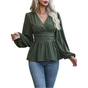 image:imageMakeMeChic Womens Wrap Tops V Neck Long Sleeve Shirts Ruffle Peplum Business Casual Work BlouseGreen