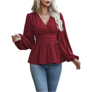 image:imageMakeMeChic Womens Wrap Tops V Neck Long Sleeve Shirts Ruffle Peplum Business Casual Work BlouseRed