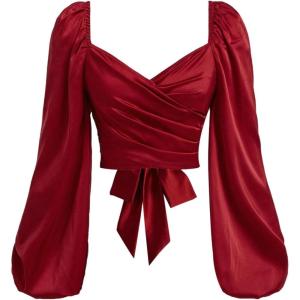 image:imageMakeMeChic Womens Wrap V Neck Blouse Sweetheart Lantern Sleeve Pleated Tie Back Work Crop TopsRed