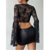 image:imageMakeMeChic Womens Floral Lace Bell Sleeve Tee Shirt Butterfly V Neck Ruched Y2K Fall Crop TopsBlack