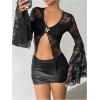 image:imageMakeMeChic Womens Floral Lace Bell Sleeve Tee Shirt Butterfly V Neck Ruched Y2K Fall Crop TopsBlack