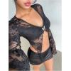 image:imageMakeMeChic Womens Floral Lace Bell Sleeve Tee Shirt Butterfly V Neck Ruched Y2K Fall Crop TopsBlack