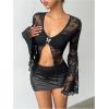 image:imageMakeMeChic Womens Floral Lace Bell Sleeve Tee Shirt Butterfly V Neck Ruched Y2K Fall Crop TopsBlack