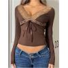 image:imageMakeMeChic Womens Floral Lace Crop Tops Deep V Neck Tie Front Long Sleeve Fitted Y2k T ShirtBrown
