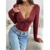 image:imageMakeMeChic Womens Floral Lace Crop Tops Deep V Neck Tie Front Long Sleeve Fitted Y2k T ShirtRed