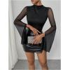 image:imageMakeMeChic Womens Glitter Sparkly Mesh Party Tops Long Bell Sleeve Mock Neck T ShirtBlack