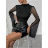 image:imageMakeMeChic Womens Glitter Sparkly Mesh Party Tops Long Bell Sleeve Mock Neck T ShirtBlack