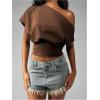 image:imageMakeMeChic Womens Off The Shoulder Tops Y2k T Shirt Short Sleeve Going Out Crop Tops BlouseChocolate Brown