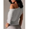 image:imageMakeMeChic Womens Off The Shoulder Tops Y2k T Shirt Short Sleeve Going Out Crop Tops BlouseStriped Grey