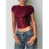 image:imageMakeMeChic Womens Sequin Open Back Cap Sleeve Crop Tops Crew Neck Party Y2K Tee ShirtBurgundy