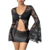 image:imageMakeMeChic Womens Floral Lace Bell Sleeve Tee Shirt Butterfly V Neck Ruched Y2K Fall Crop TopsBlack