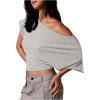 image:imageMakeMeChic Womens Off The Shoulder Tops Y2k T Shirt Short Sleeve Going Out Crop Tops BlouseStriped Grey