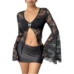 image:imageMakeMeChic Womens Floral Lace Bell Sleeve Tee Shirt Butterfly V Neck Ruched Y2K Fall Crop TopsBlack