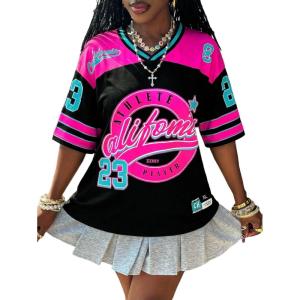 image:imageMakeMeChic Womens Football Jersey Shirts Soccer Jersey Number Oversized Y2K Tee TopsBlack Blue