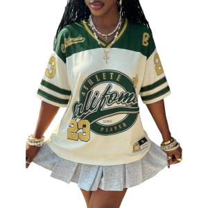 image:imageMakeMeChic Womens Football Jersey Shirts Soccer Jersey Number Oversized Y2K Tee TopsGreen Apricot
