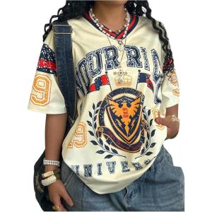 image:imageMakeMeChic Womens Football Jersey Shirts Soccer Jersey Number Oversized Y2K Tee TopsMulticolor Apricot