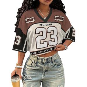 image:imageMakeMeChic Womens Football Jersey Shirts Y2K Number Crop Tops Soccer Jersey Tee StreetwearBrown White